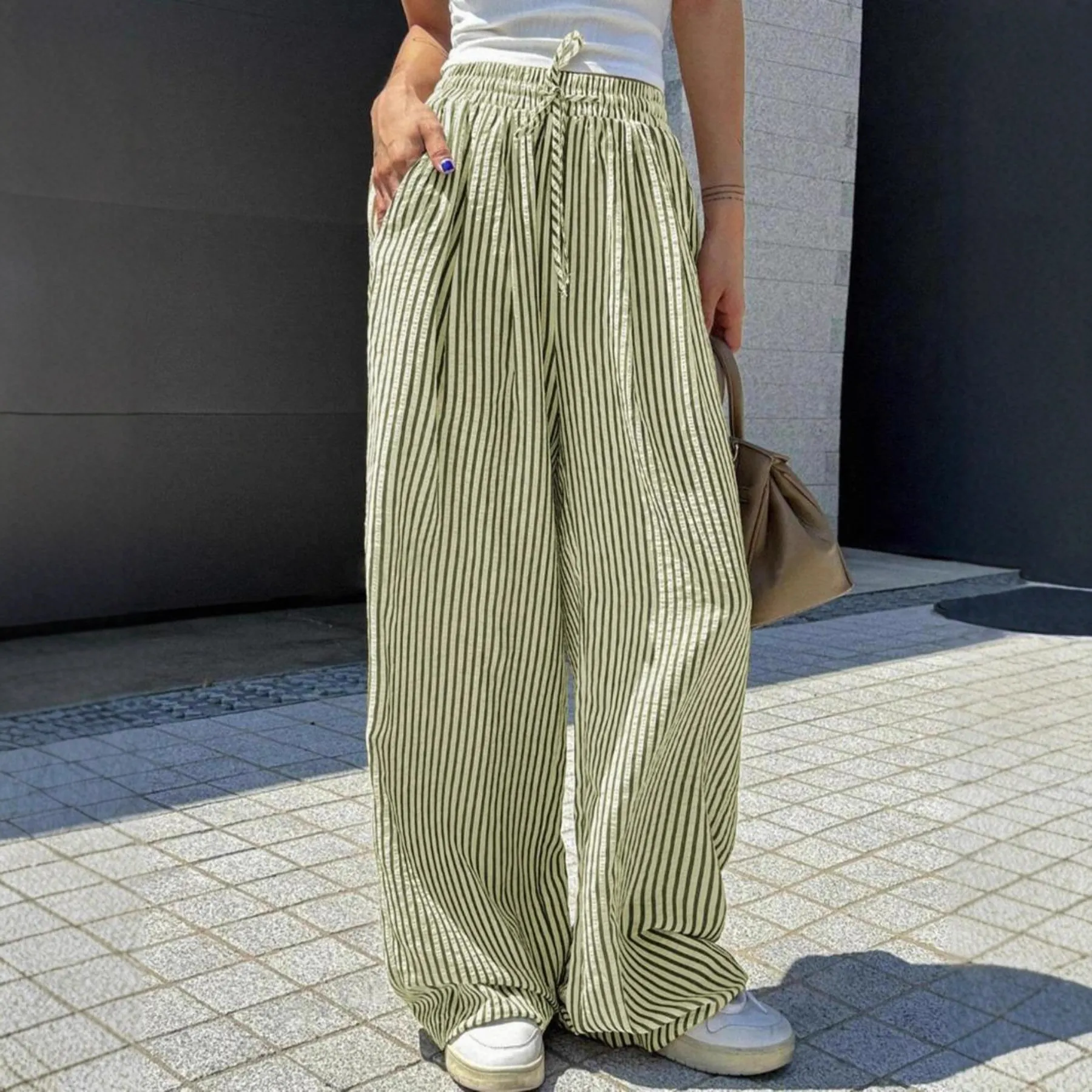 Women Stripe Wide Leg Pants Casual High Waist Drawstring Straight Leg Trousers With Pockets Summer Streetwear Bottoms