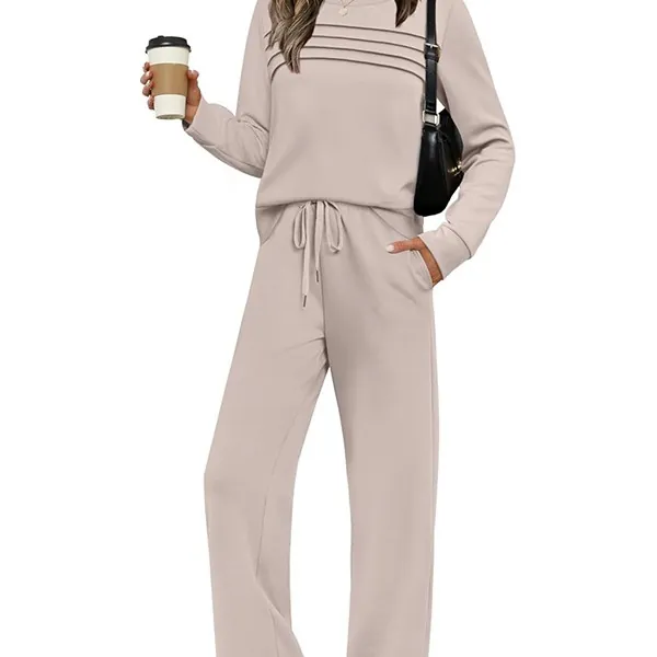 Women's Casual 2-Piece Set Long Sleeve Round Neck Pleated Top And Wide Leg Drawstring Pants Loungewear Fall Winter Outfit