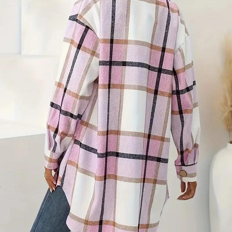 Damen Kariert Hemdjacke Mit Taschen Einreihig Lose Mittellang Revers Langarm Shacket Lässig Rosa Karo Mantel