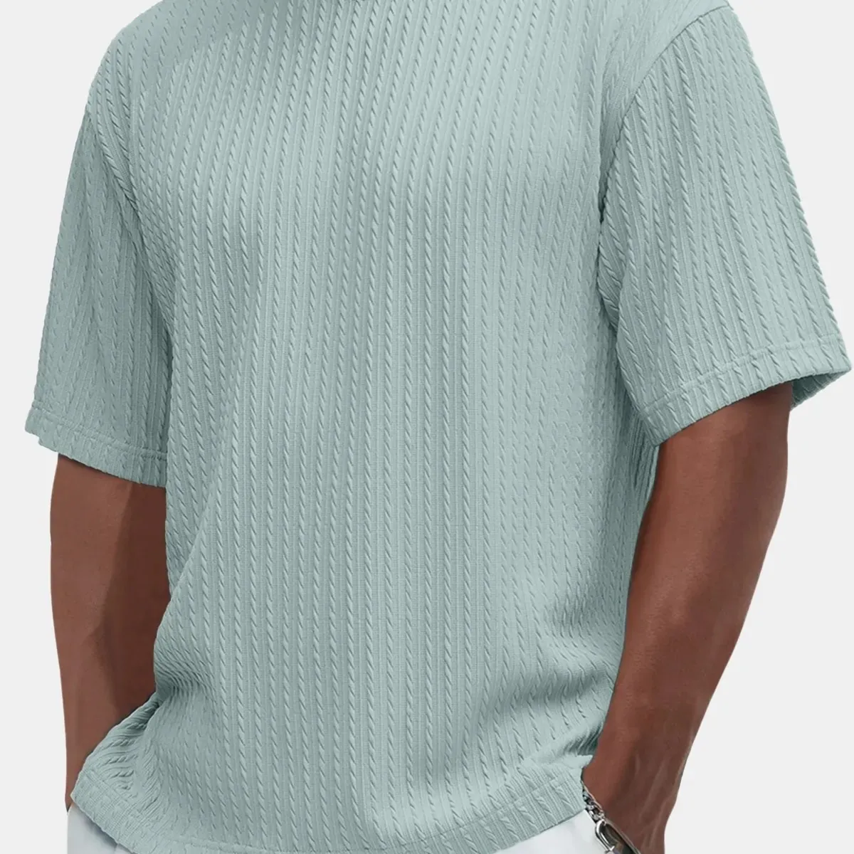 T-Shirt Texturé pour Hommes Manches Courtes Col Rond Style Torsade Décontracté Respirant Couleur Unie Haut d'Été