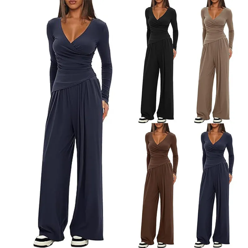 Conjunto Casual para Mujer Top And Bottom Cuello en V Cruzado Top de Manga Larga y Pantalones de Pierna Ancha Color Sólido