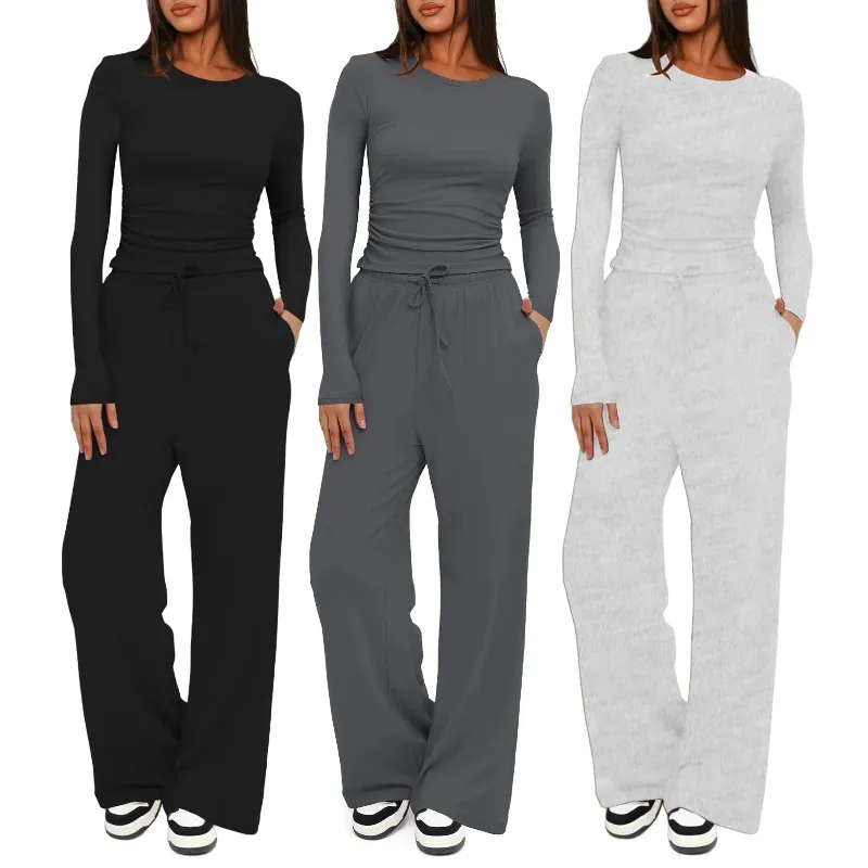 Women's Two Piece Lounge Outfit Long Sleeve Slim Top And Drawstring Wide Leg Pants Casual Home Wear Rib Knit Clothing