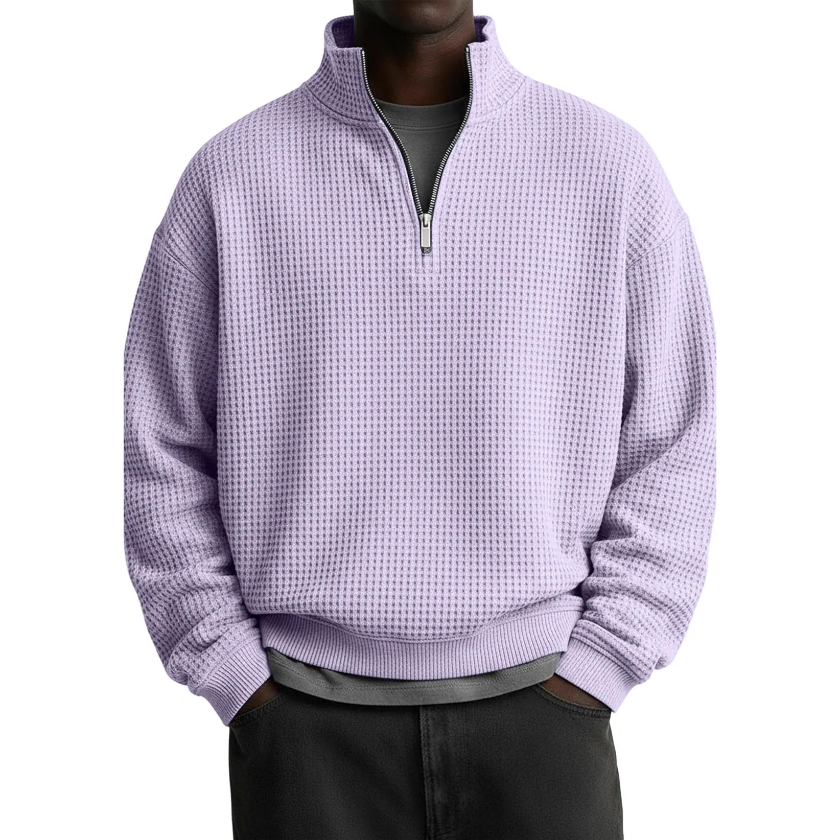 Men Casual Waffle Knit Sweatshirt Half Zip Stand Collar Long Sleeve Pullover Loose Fit Solid Color Polyester Top Ribbed Trim