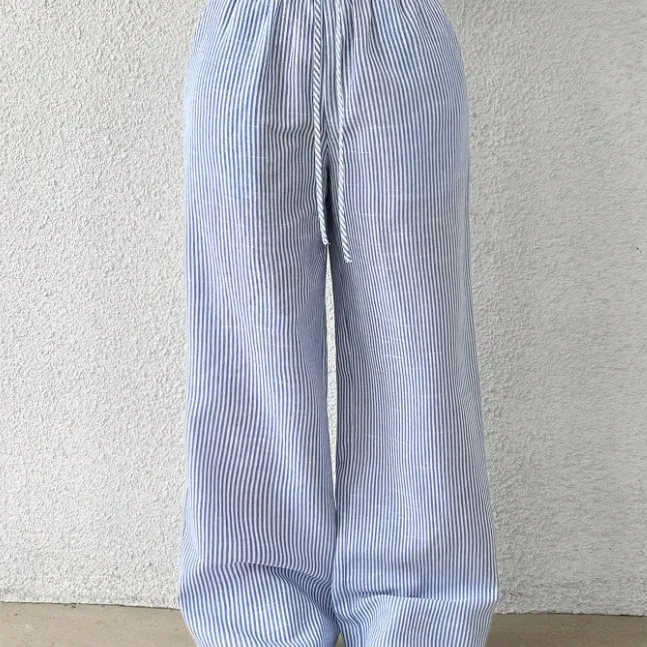 Women High Waist Wide Leg Pants Vertical Striped Drawstring Casual Loose Trousers Summer Fashion Streetwear Comfortable