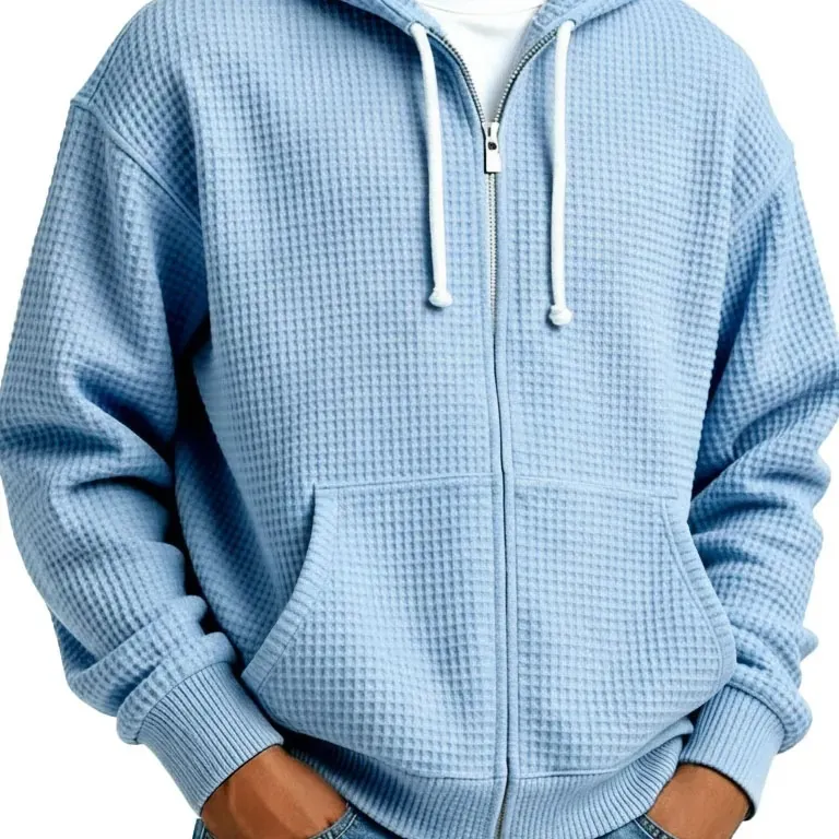 Men Waffle Knit Zip Up Hoodie Casual Solid Color Hooded Sweatshirt With Pockets Loose Long Sleeve Urban Fashion Top