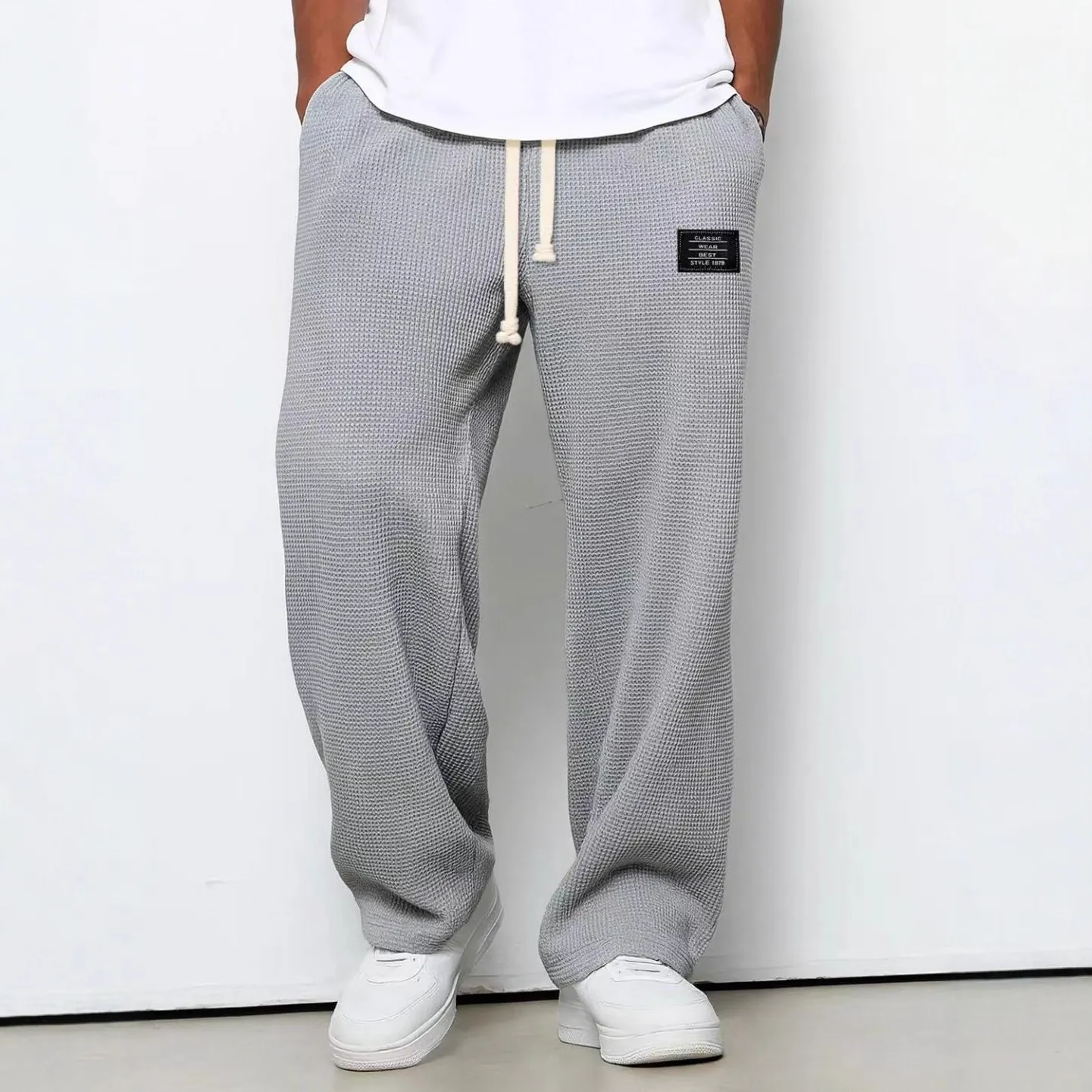 Men Casual Waffle Texture Straight Leg Pants Loose Fit Drawstring Waist Solid Color Sweatpants Sporty Streetwear Trousers