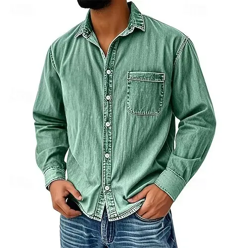 Men Vintage Washed Denim Style Long Sleeve Shirt Casual Lapel Pocket Button Down Workwear Distressed Cotton Top For Autumn