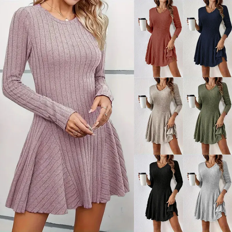 Elegant Ribbed Knit Dress For Women V Neck Long Sleeve A Line Flare Mini Dress Polyester Solid Color Fall Fashion Apparel