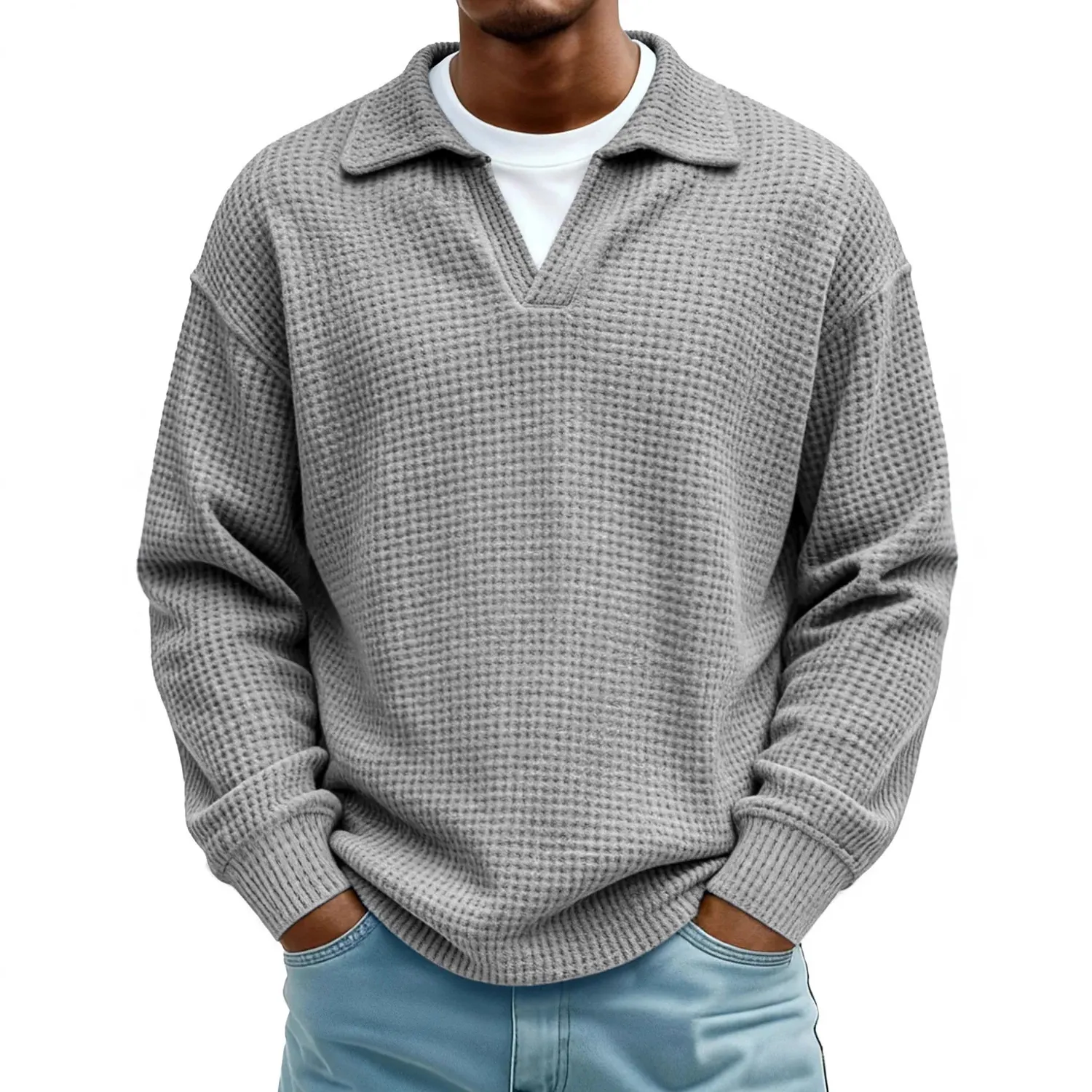 Herren Waffelstrick Polo Hemd Langarm Lockerer Schnitt Casual Leicht Business Mode Pullover Top Herbst Winter Kleidung