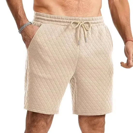 Men Quilted Shorts Diamond Grid Texture Drawstring Waist Polyester Casual Loose Fit Summer Daily Sports Bottoms For Men
