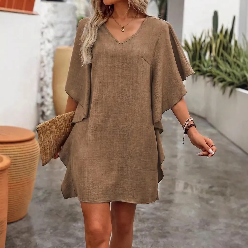 Robe Courte Femme Col en V Manches Papillon à Volants Décontractée Couleur Unie Été Plage Mode Vacances