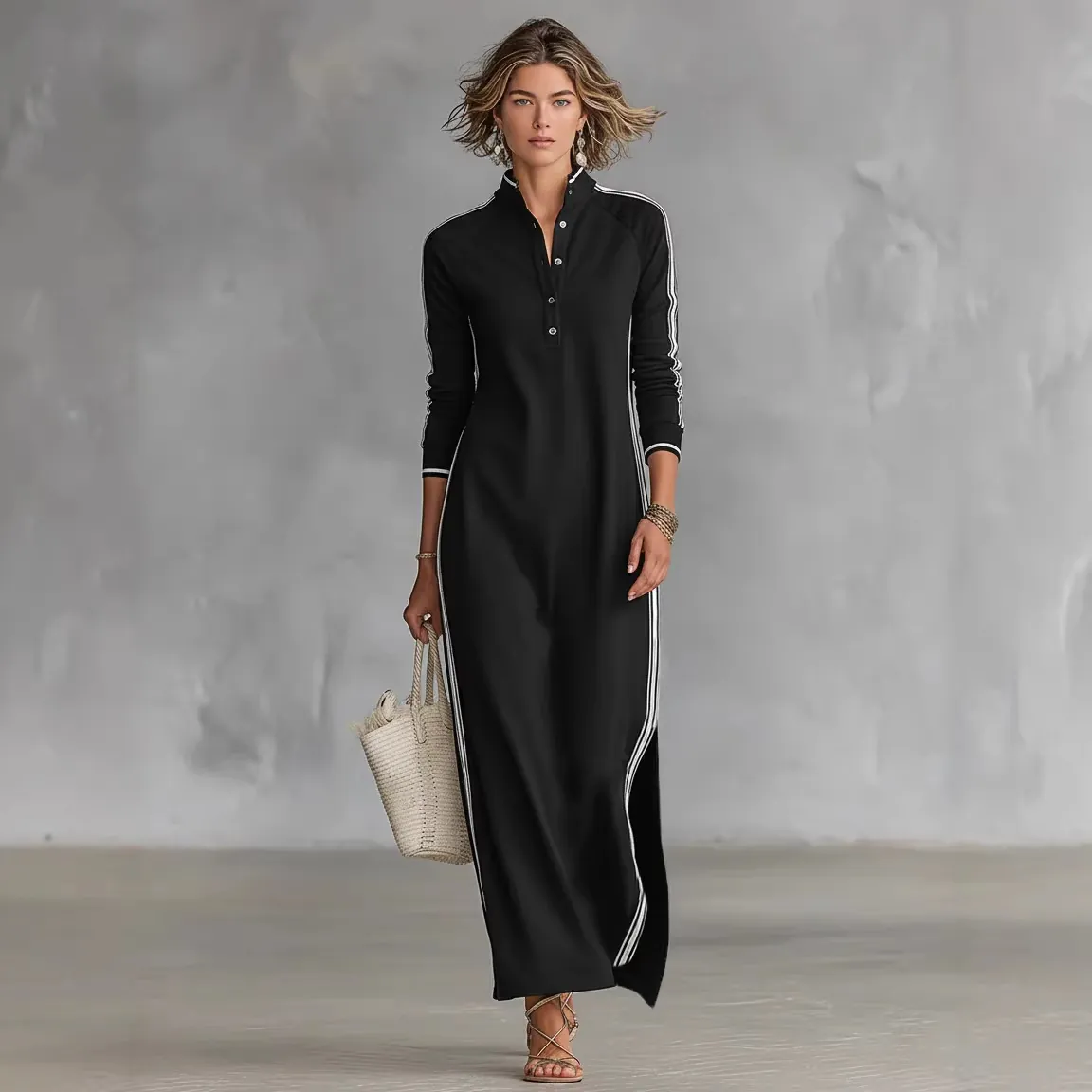 Robe Maxi Sportive pour Femme Col Polo Rayures Latérales Contrastées Manches Longues Boutons Fente Ourlet Mode Streetwear Décontractée