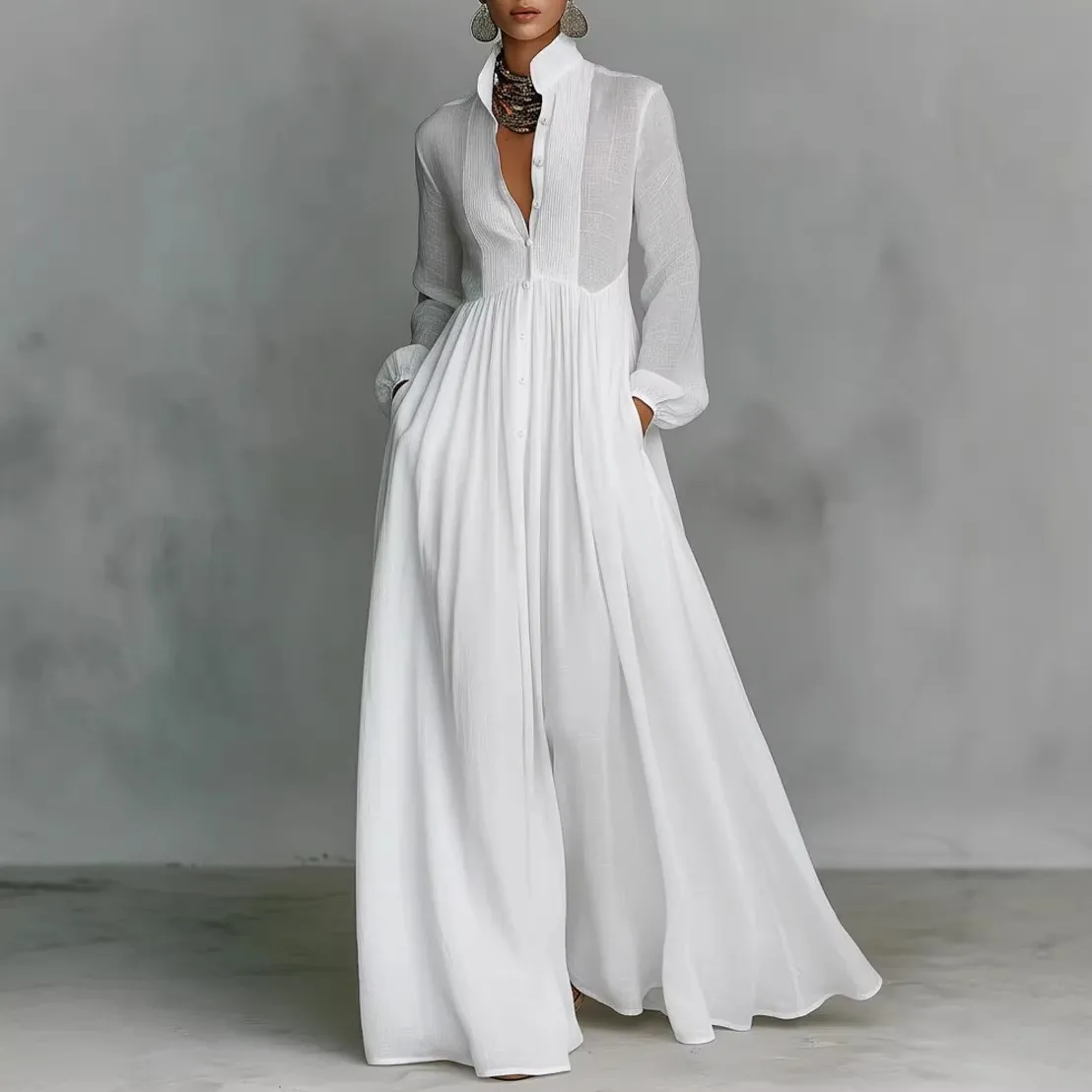 French Vintage Pleated Long Sleeve Maxi Dress For Women Elegant Solid Color Waist Slimming Polyester Lantern Sleeve Resort Beach Dress