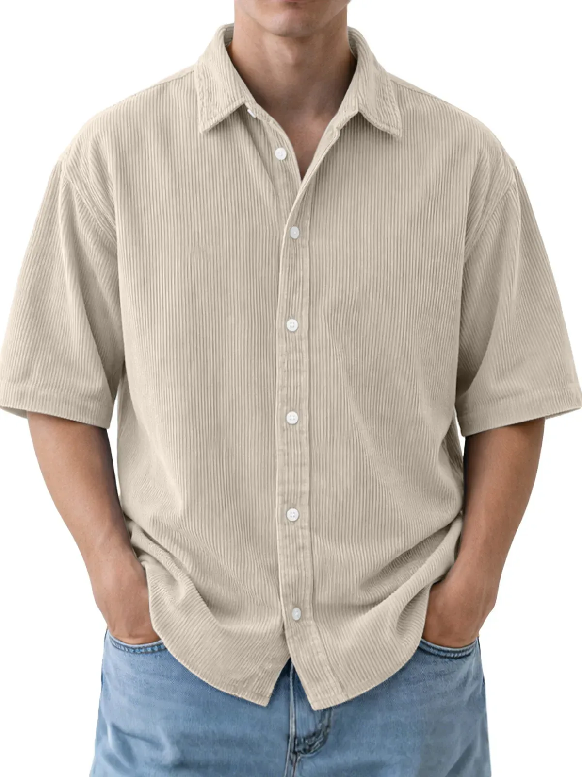 Camisa Casual de Pana de Manga Corta para Hombre Top con Solapa y Botones Transpirable Moda de Verano Color Sólido
