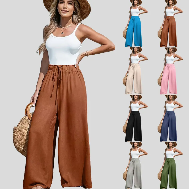 Pantaloni Donna Casual in Cotone e Lino Gamba Larga Tinta Unita Vita Alta Coulisse Pantaloni Larghi Tasche Spiaggia Vacanza Moda