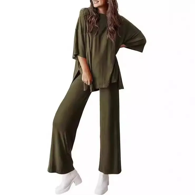 Women Casual Polyester Lounge Set Loose Round Neck Half Sleeve Patchwork Top And Bottom Wide Leg Pants Loungewear Two Piece Set