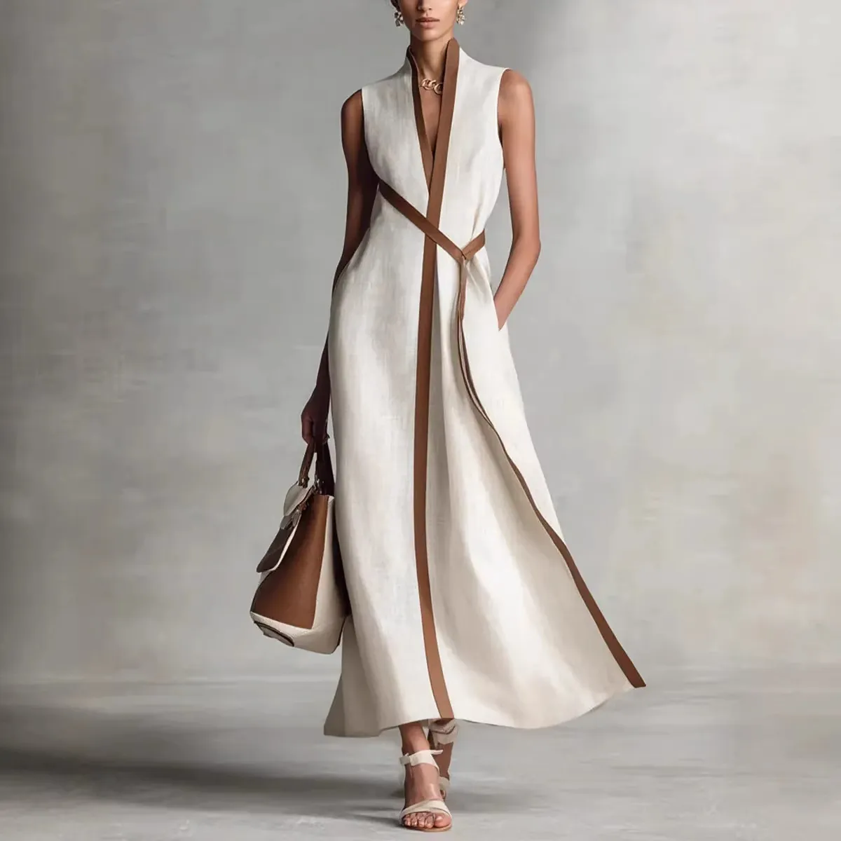 Abito Maxi da Donna Elegante Scollo a V Senza Maniche Blocchi di Colore Vita Alta Stile Lino Abito Lungo Estivo Casual