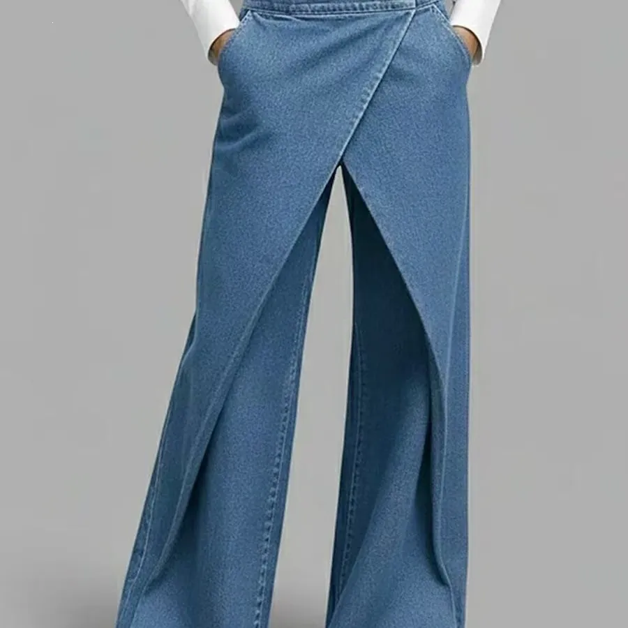 Women High Waisted Wide Leg Pants Denim Style Woven Fabric Cross Wrap Waist Golden Button Streetwear Casual Bottoms