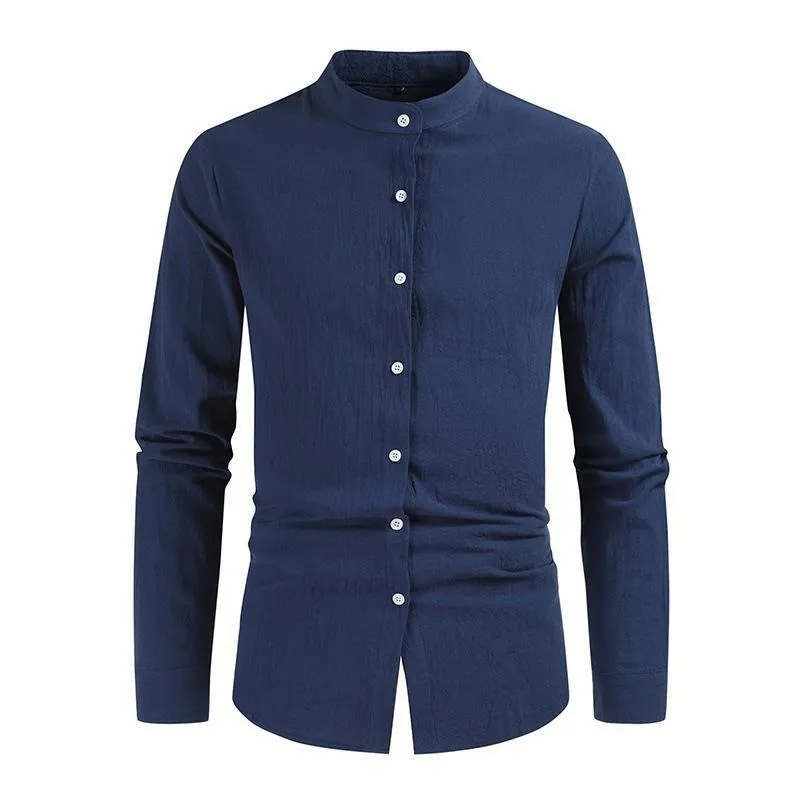 Men's Casual Cotton Linen Shirt Stand Collar Long Sleeve Solid Color Minimalist Summer Breathable Button Down Top