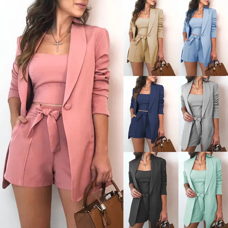 Completo Elegante da Donna in Misto Cotone per Ufficio Blazer Canotta Pantaloncini Tinta Unita Collo a Rever Monopetto Moda Donna Versatile