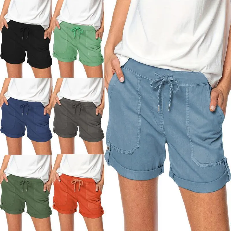 Pantaloncini Casual da Donna Con Coulisse Elastico in Vita Gamba Dritta Orlo Risvoltato Con Tasche Estate Tinta Unita Pantaloncini alla Moda