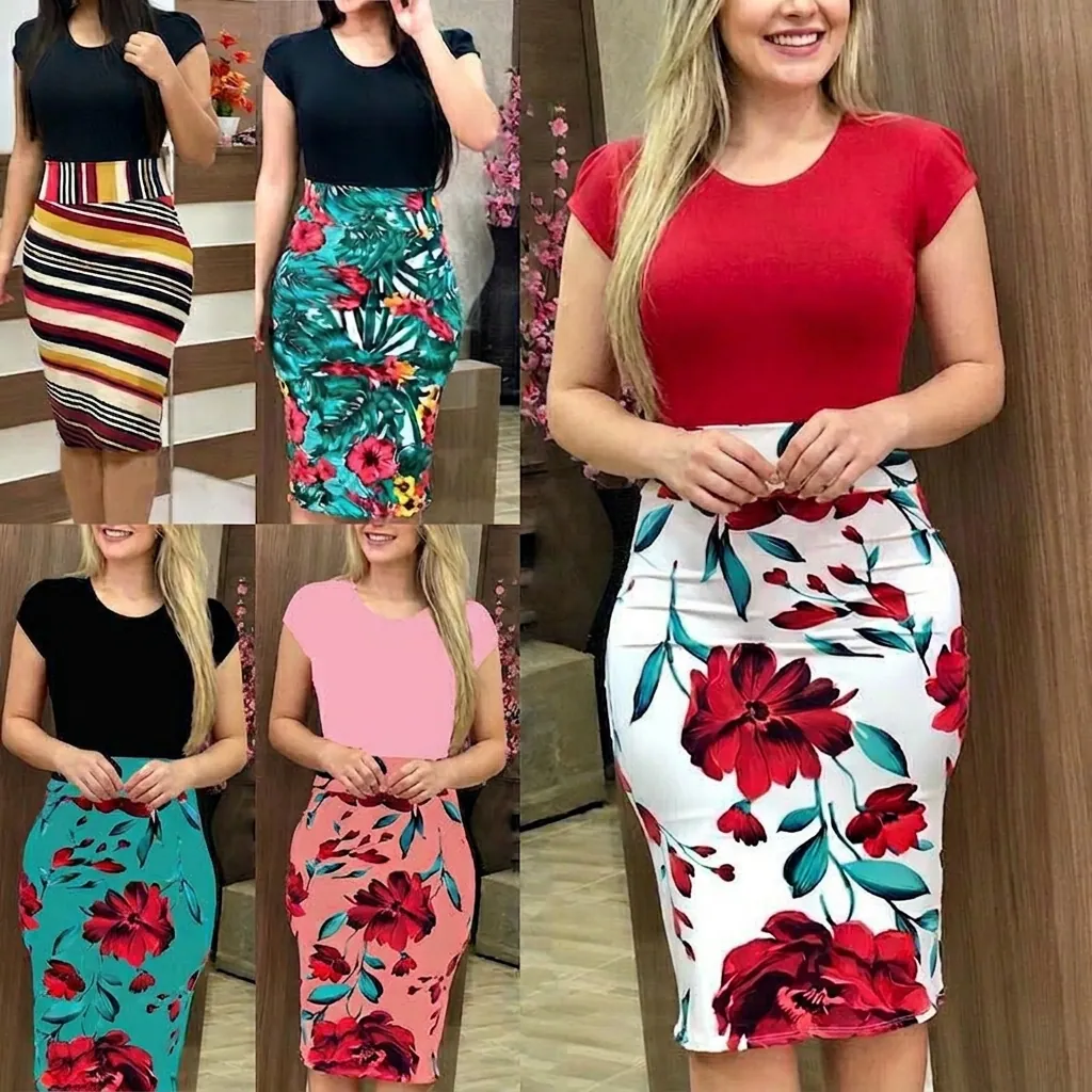 Abito Tubino da Donna in Misto Poliestere Stampa Floreale Patchwork Girocollo Manica Corta Casual Elegante Abito Midi