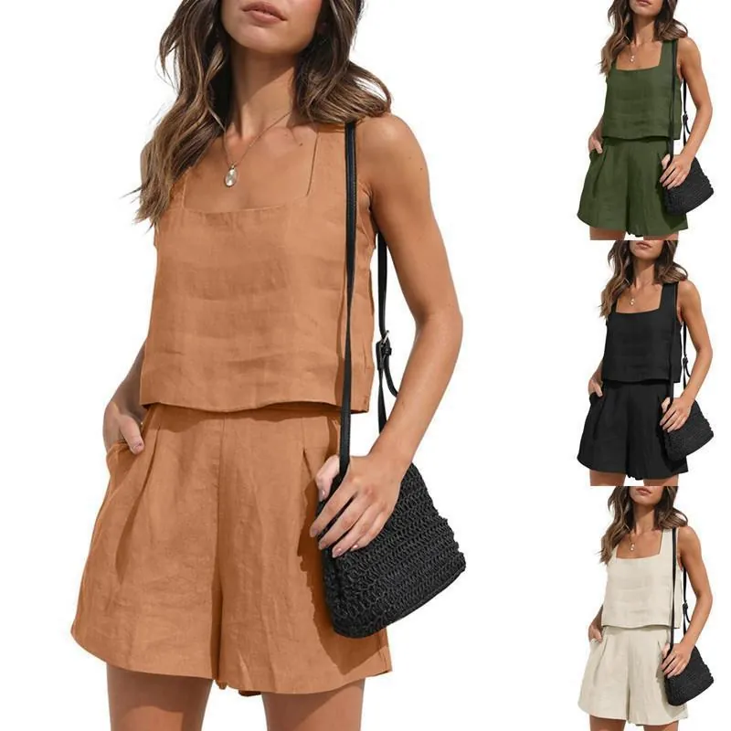 Women Casual 2 Piece Linen Set Square Neck Sleeveless Tank Top And High Waist Shorts Breathable Solid Color Summer Outfit