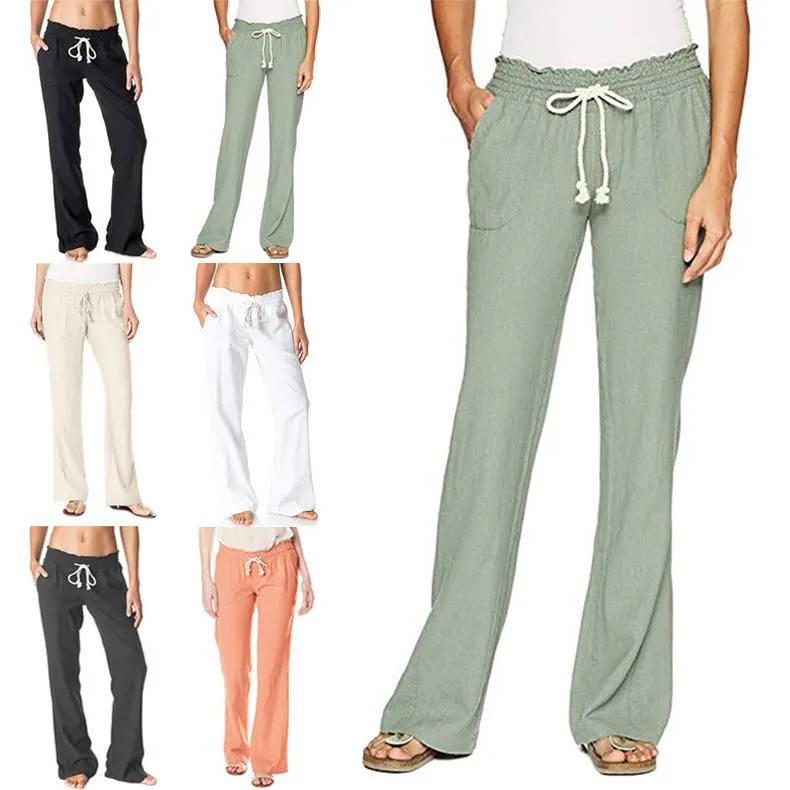 Women Cotton Linen Wide Leg Pants Solid Color Drawstring Elastic Waist Casual Loose Trousers For Summer Daily Wear Comfortable Breathable Ladies Fashion