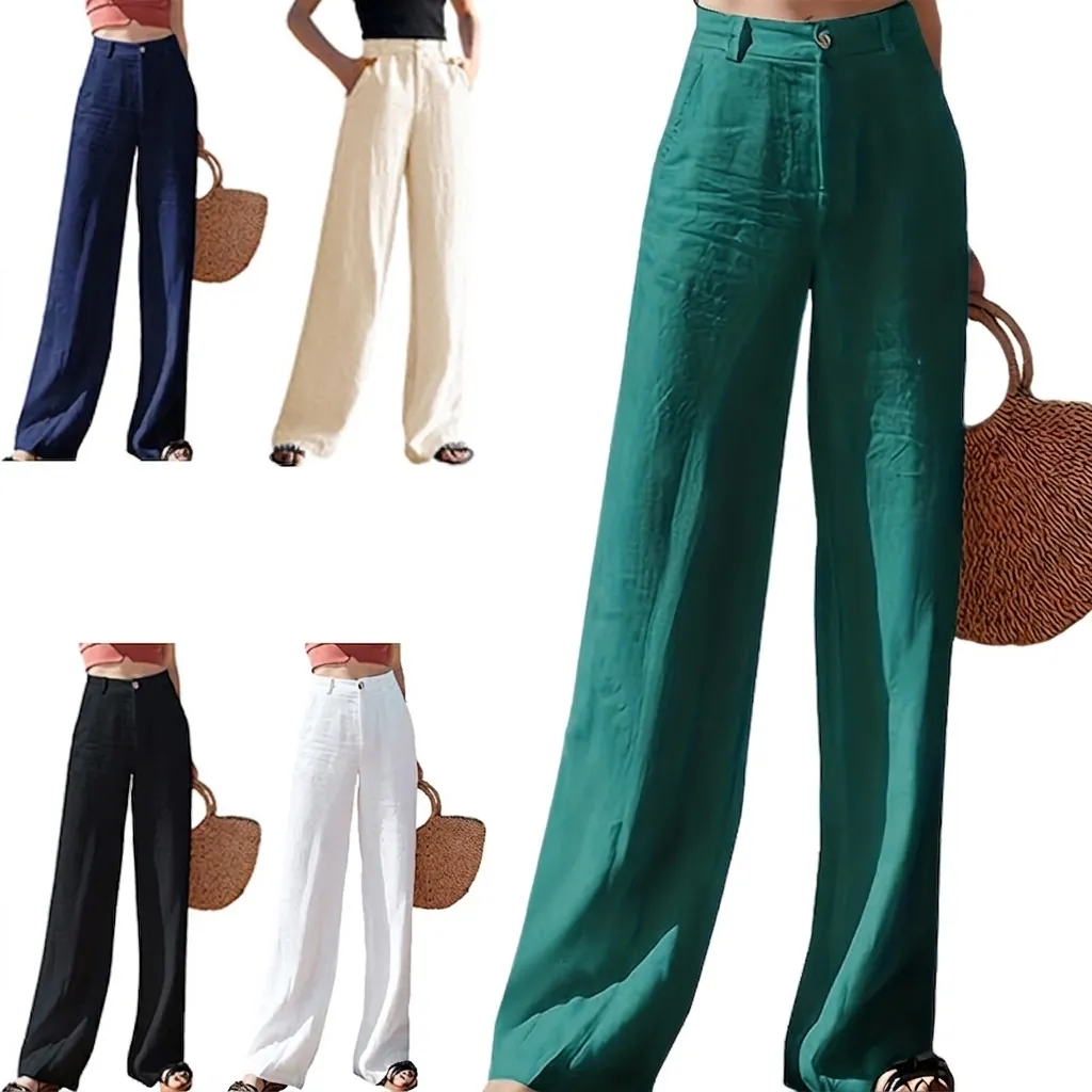 Pantaloni da Donna a Vita Alta in Lino a Gamba Larga Casual Dritti Allentati Traspiranti Estivi Tinta Unita Office Lady Slacks