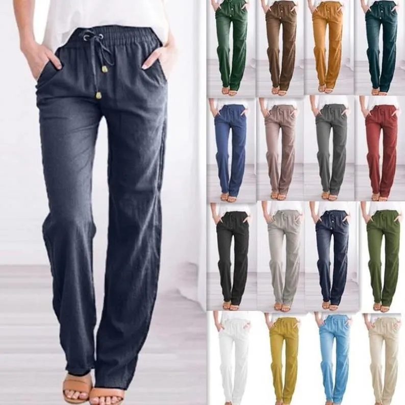 Pantalon Décontracté en Coton et Lin pour Femme Taille Haute avec Cordon Coupe Large Droite Couleur Unie Été Plage Mode Quotidienne