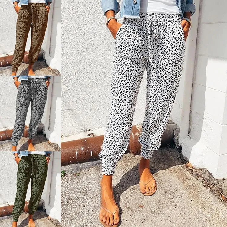 Women's Casual Leopard Print Jogger Pants Elastic Drawstring Waist Side Pockets Loose Full Length Cuffed Trousers Fashion Bottoms