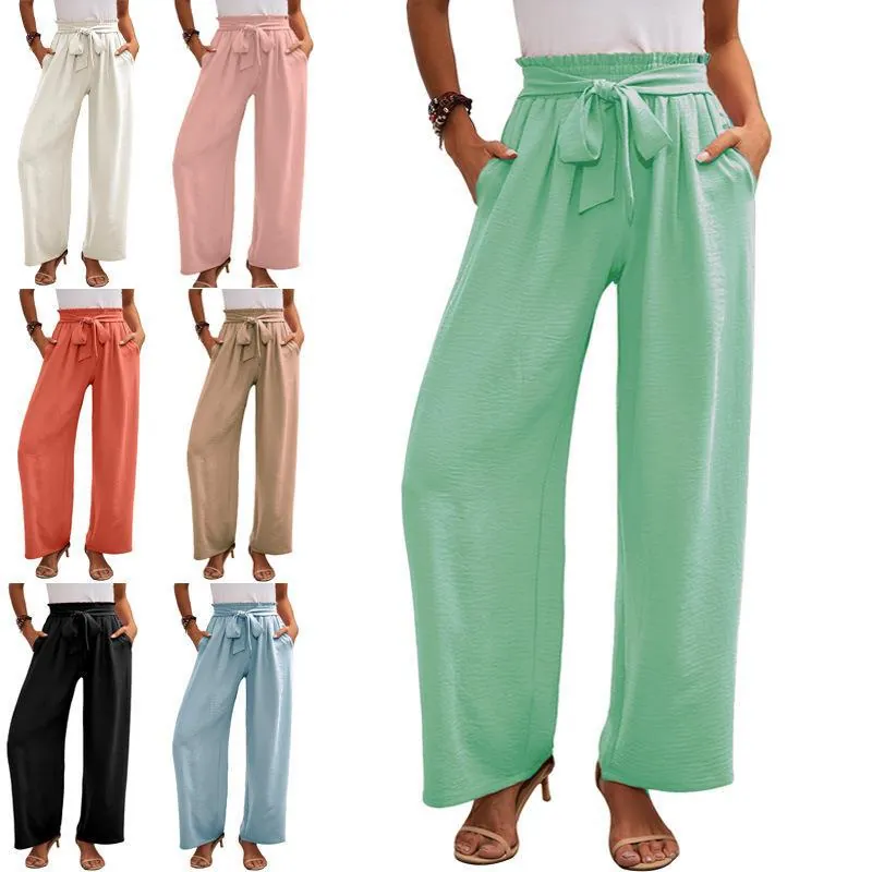 Pantaloni Donna Vita Alta Gamba Larga Casual Paperbag Waist Pantaloni Larghi Con Tasche Cintura da Annodare Poliestere Cotone Traspirante Estate Ufficio Pantaloni Lunghi