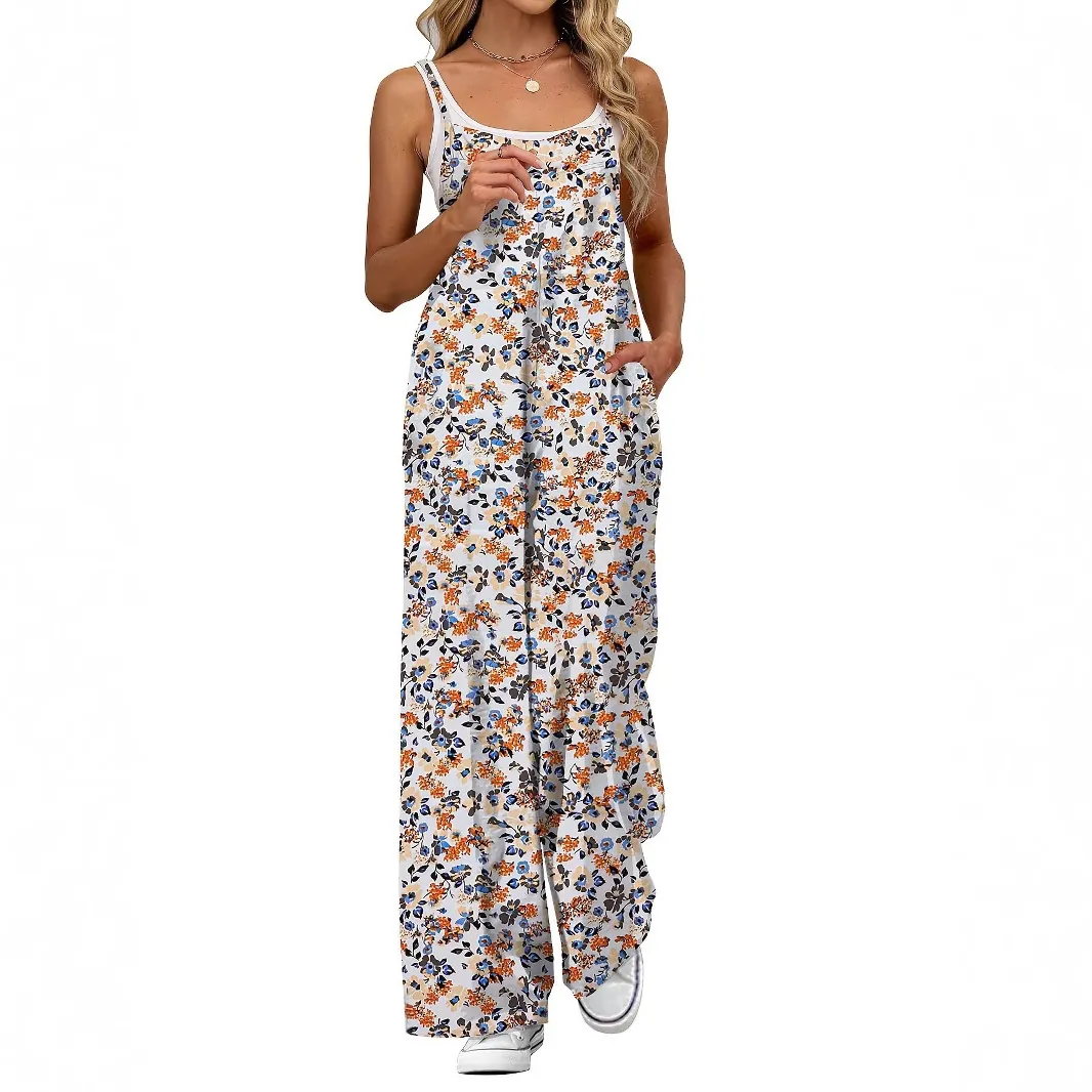 Damen Blumenmuster Jumpsuit Verstellbare Spaghetti Träger Hohe Taille Weites Bein Lange Hose Mit Taschen Casual Sommer Urlaub Outfit