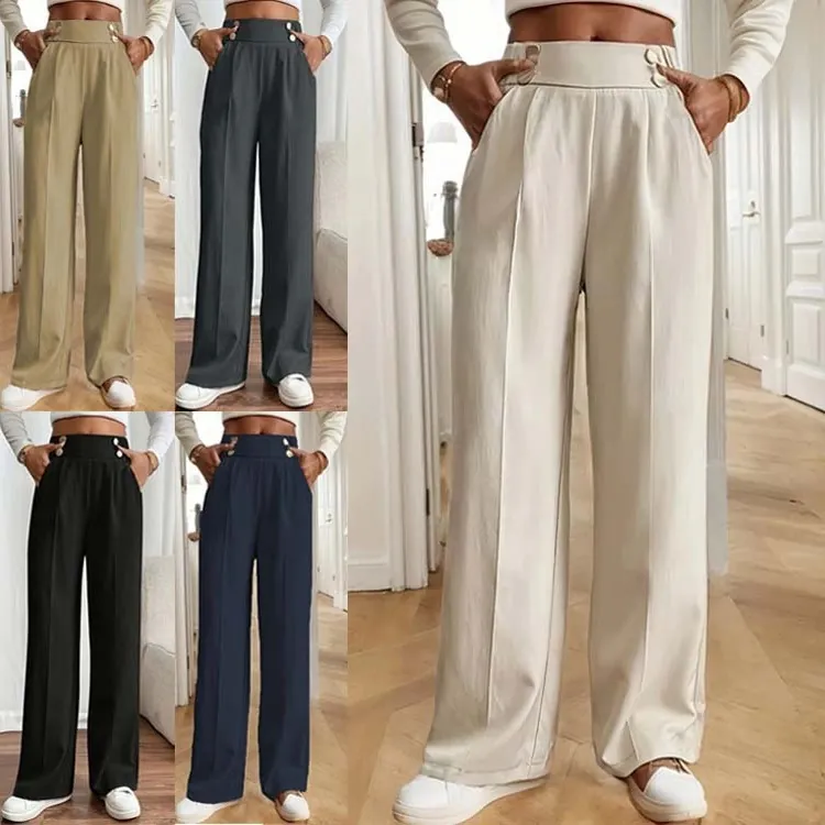 Women High Waist Wide Leg Pants Elegant Polyester Drapey Floor Length Trousers With Decorative Metal Buttons For Office Daily Wear