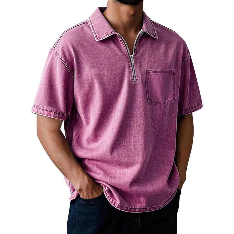 Men Vintage Washed Polo Shirt Short Sleeve Half Zipper Cotton Casual Top With Chest Pocket For Summer Daily Wear
