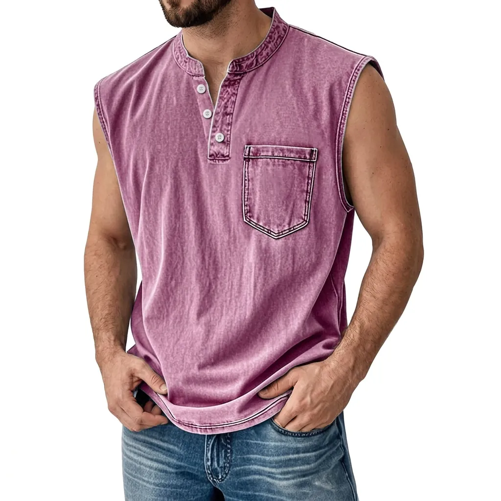 Camicia Henley Senza Maniche in Cotone da Uomo Stile Lavato Vintage Tank Top Slim Fit Con Tasca Sul Petto Gilet Casual