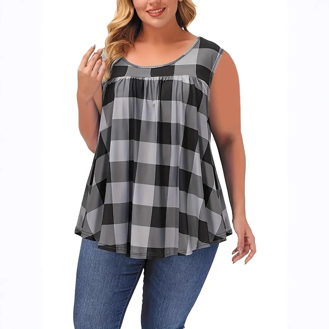 Plus Size Women Casual Plaid Tank Top Sleeveless Round Neck Pleated Hem A-Line Swing Top Summer Clothing For Everyday Wear