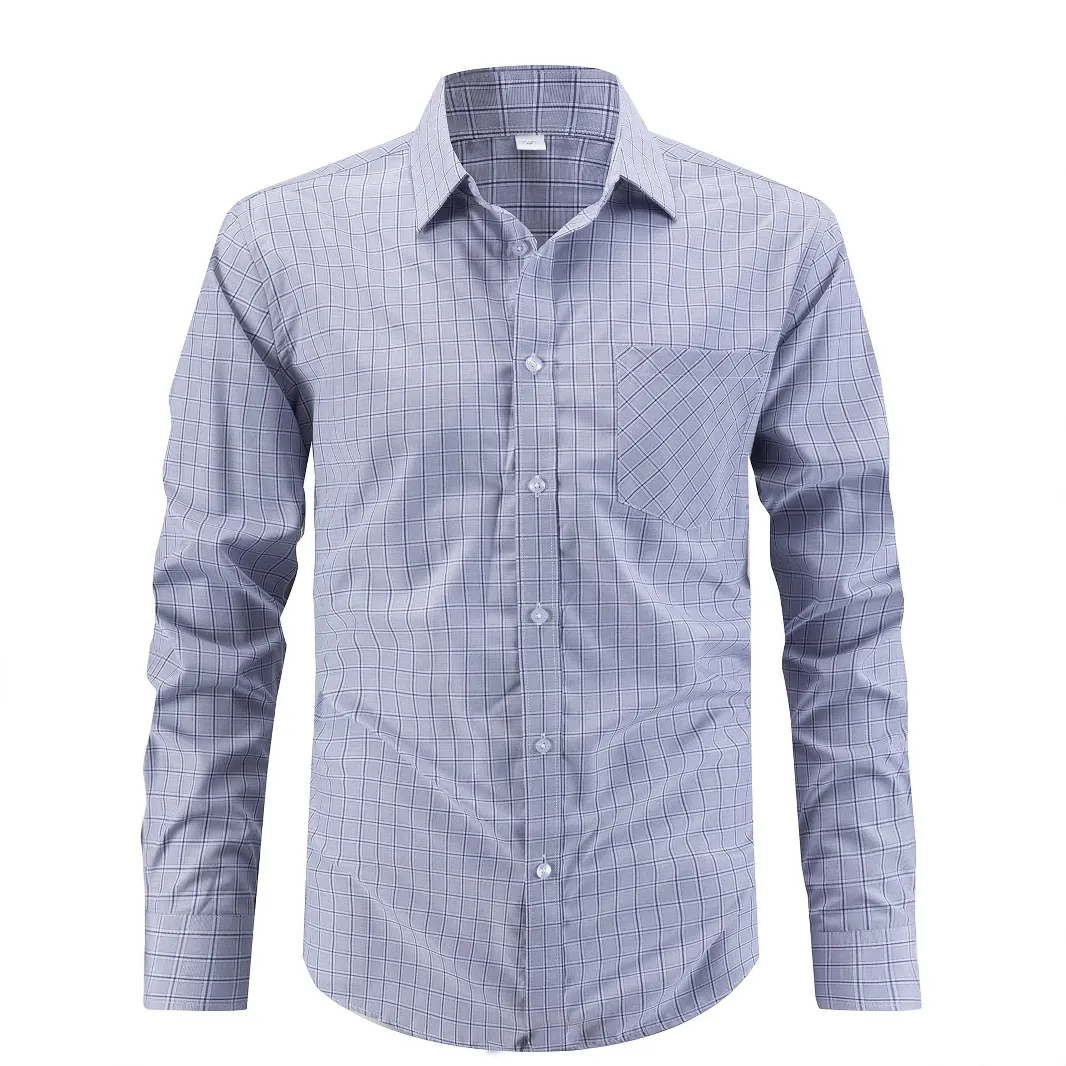 Camicia da Uomo Business Casual a Quadri Manica Lunga con Bottoni e Tasca sul Petto Misto Poliestere Rayon Top non Stiro