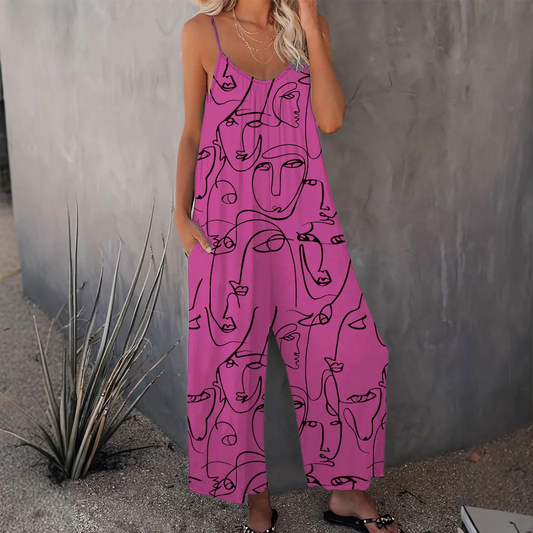 Damen Plus Size Jumpsuit Abstraktes Gesichtslinien Druck V Ausschnitt Ärmellos Weites Bein Träger Sommer Lässig Jumpsuit