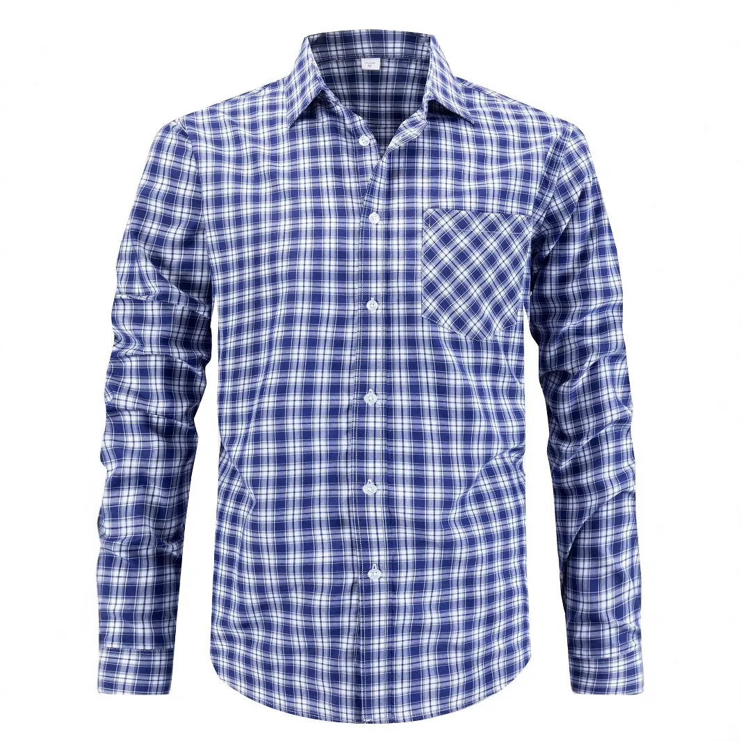 Chemise à Carreaux Business Décontractée pour Hommes Manches Longues Col à Revers Haut Boutonné Mélange Polyester Rayonne Travail