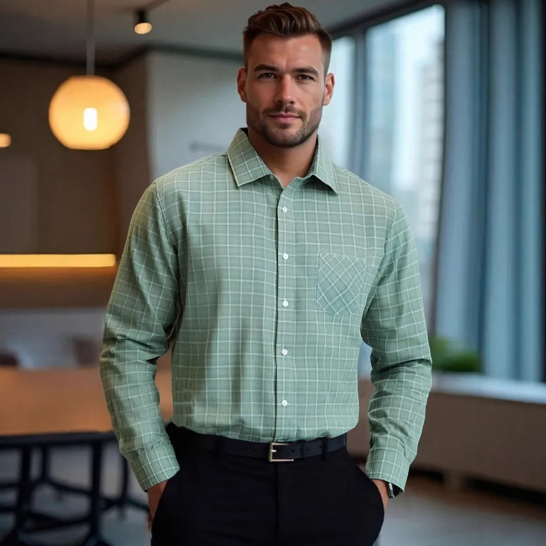 Men's Business Casual Plaid Long Sleeve Shirt Turndown Collar Single Breasted Top With Chest Pocket Daily Wear Shirts