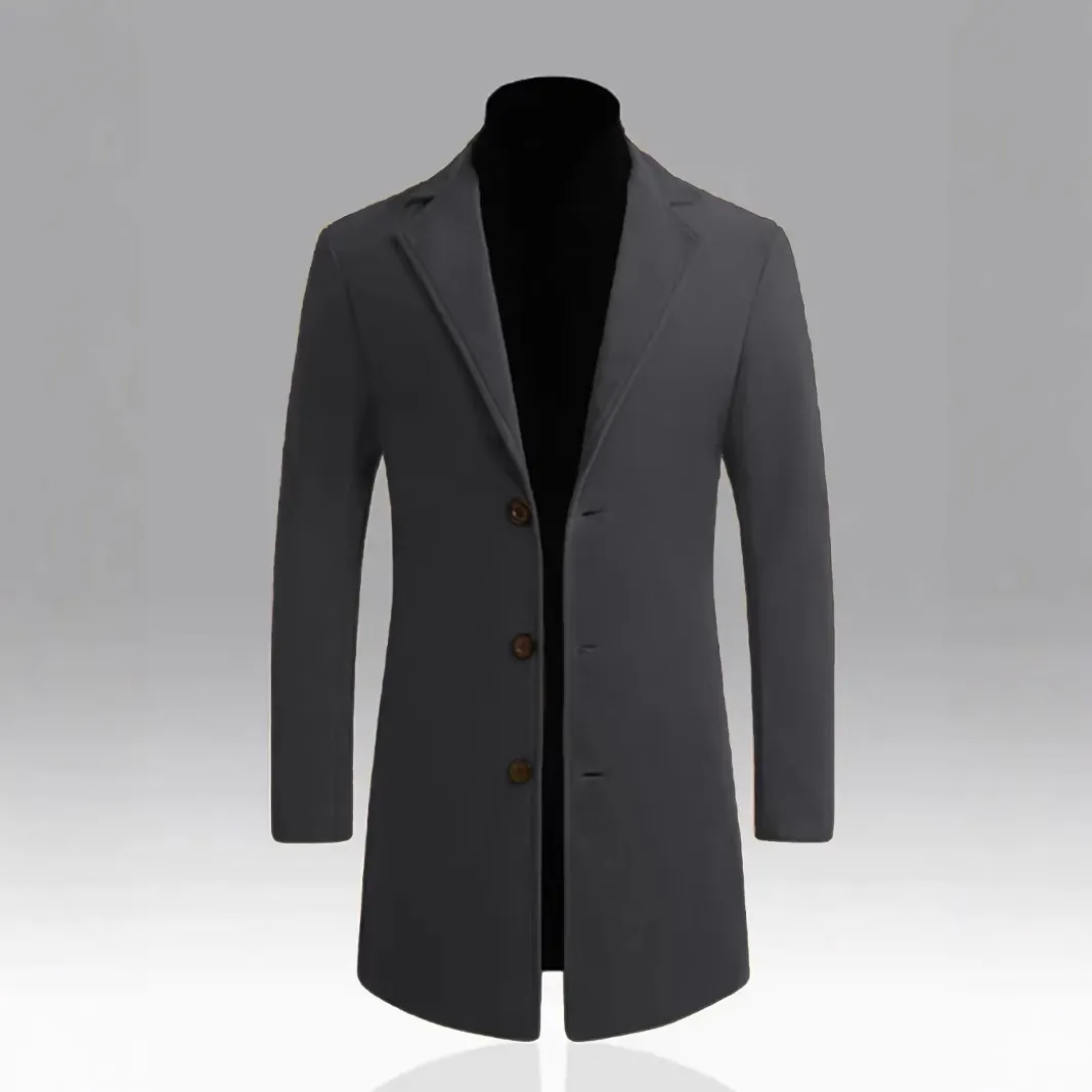 Men's Slim Fit Mid-Length Woolen Overcoat Single Breasted Polyester Trench Coat Notched Lapel Business Casual Jacket Solid Color Outerwear
