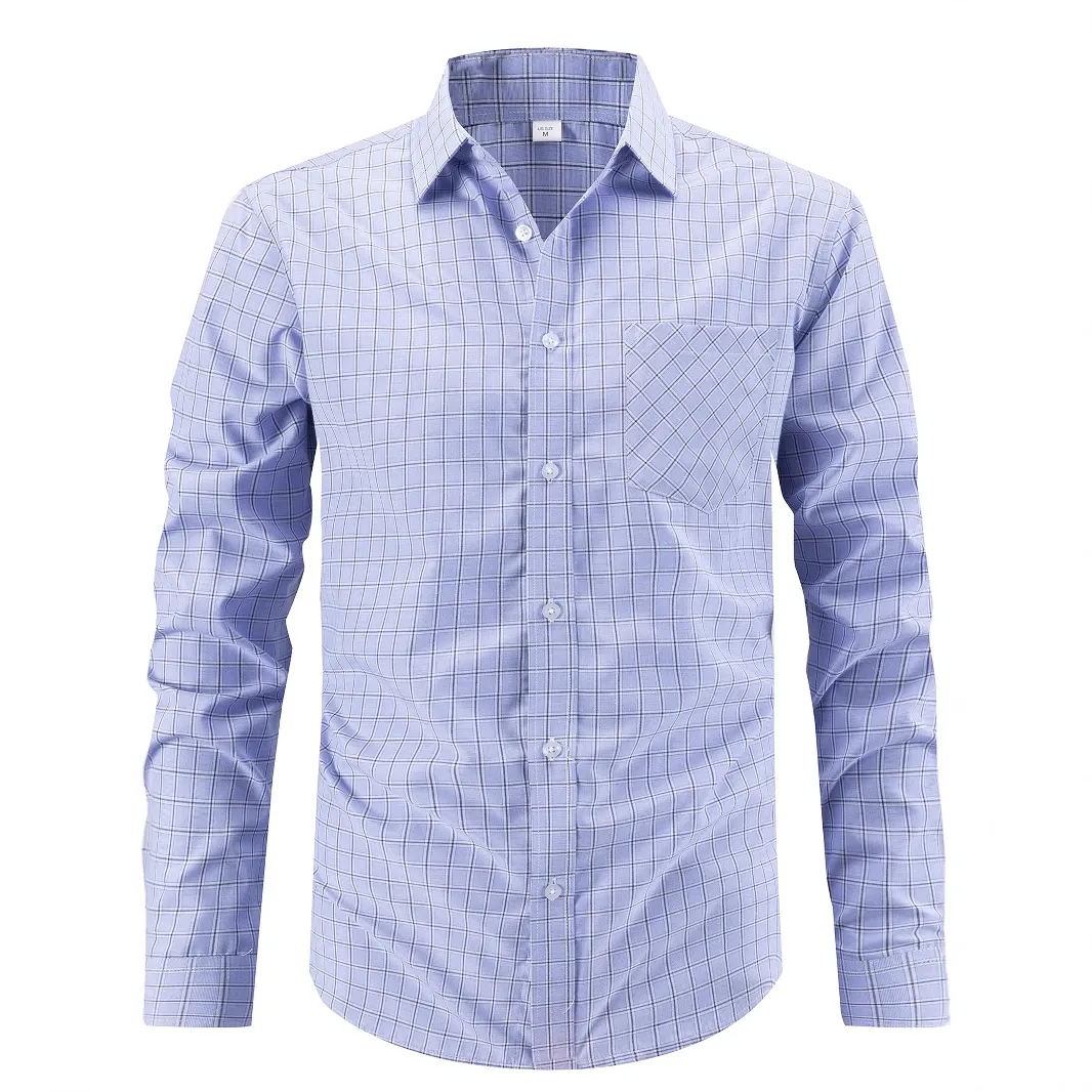 Men Long Sleeve Plaid Shirt Polyester Rayon Blend Non-Iron Business Casual Turndown Collar Checked Tops For Work Office Regular Fit
