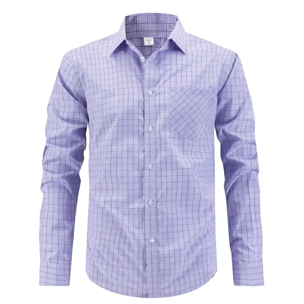 Men Business Casual Plaid Long Sleeve Shirt Non-Iron Button Down Top With Chest Pocket US Size Comfortable Plaid Shirts