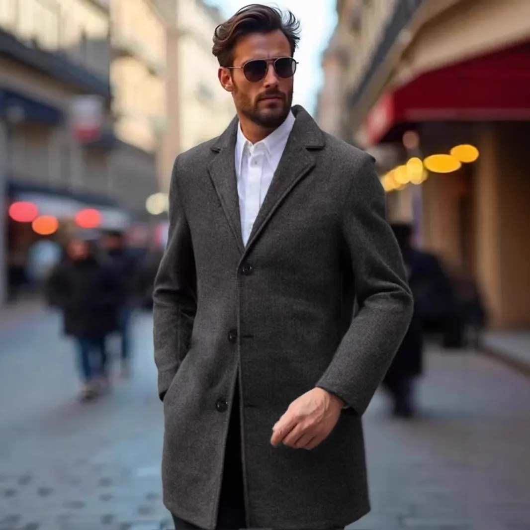 Soprabito da Uomo Lunghezza Media in Poliestere Effetto Lana Slim Fit Giacca a Vento Business Casual Classico Monopetto