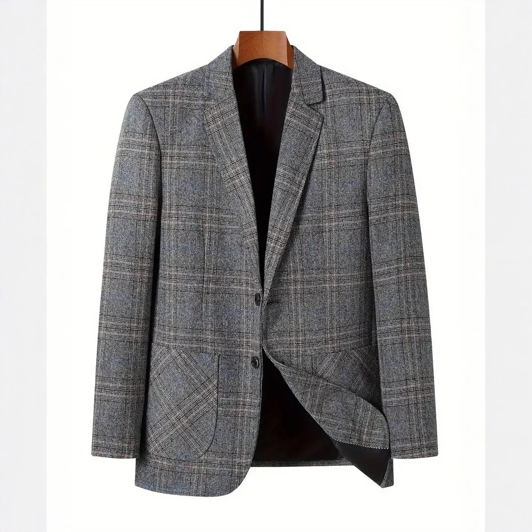 Men's Vintage Plaid Blazer Long Sleeve Notched Lapel Two Button Slim Fit Suit Jacket Polyester For Business Casual Daily Wear