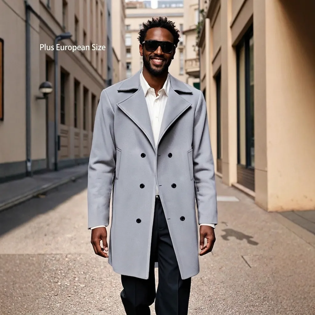 Men Double Breasted Woolen Trench Coat Long Slim Fit Business Casual Overcoat Windbreaker Jacket For Autumn Winter