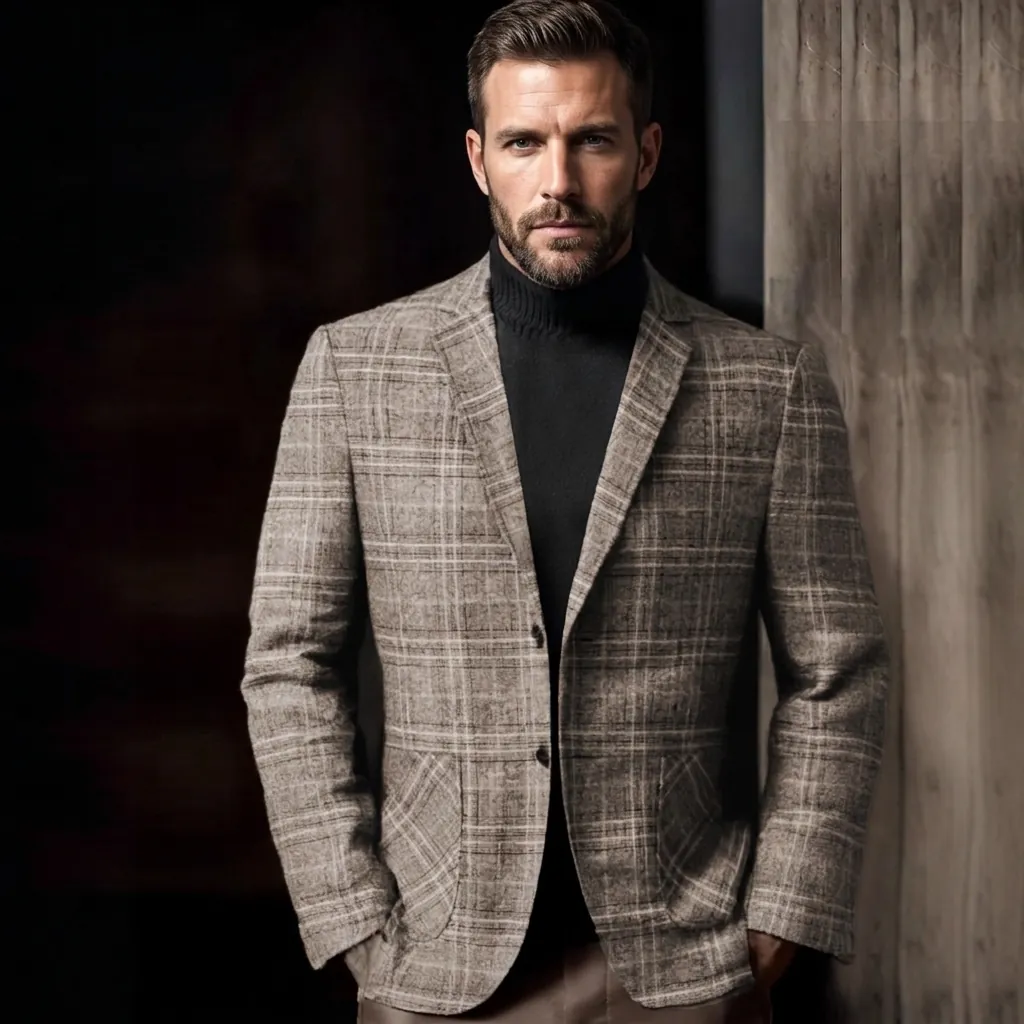 Men's Casual Plaid Blazer Slim Fit Linen Blend Single Breasted Suit Jacket For Business Office Banquet Daily Wear Coat