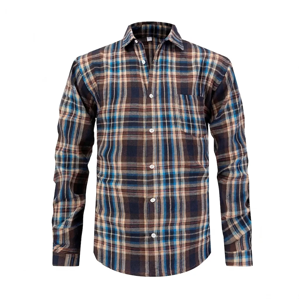 Men's Long Sleeve Plaid Shirt Classic Turn-down Collar Button Down Casual Flannel Top With Chest Pocket Plus Size European Fit