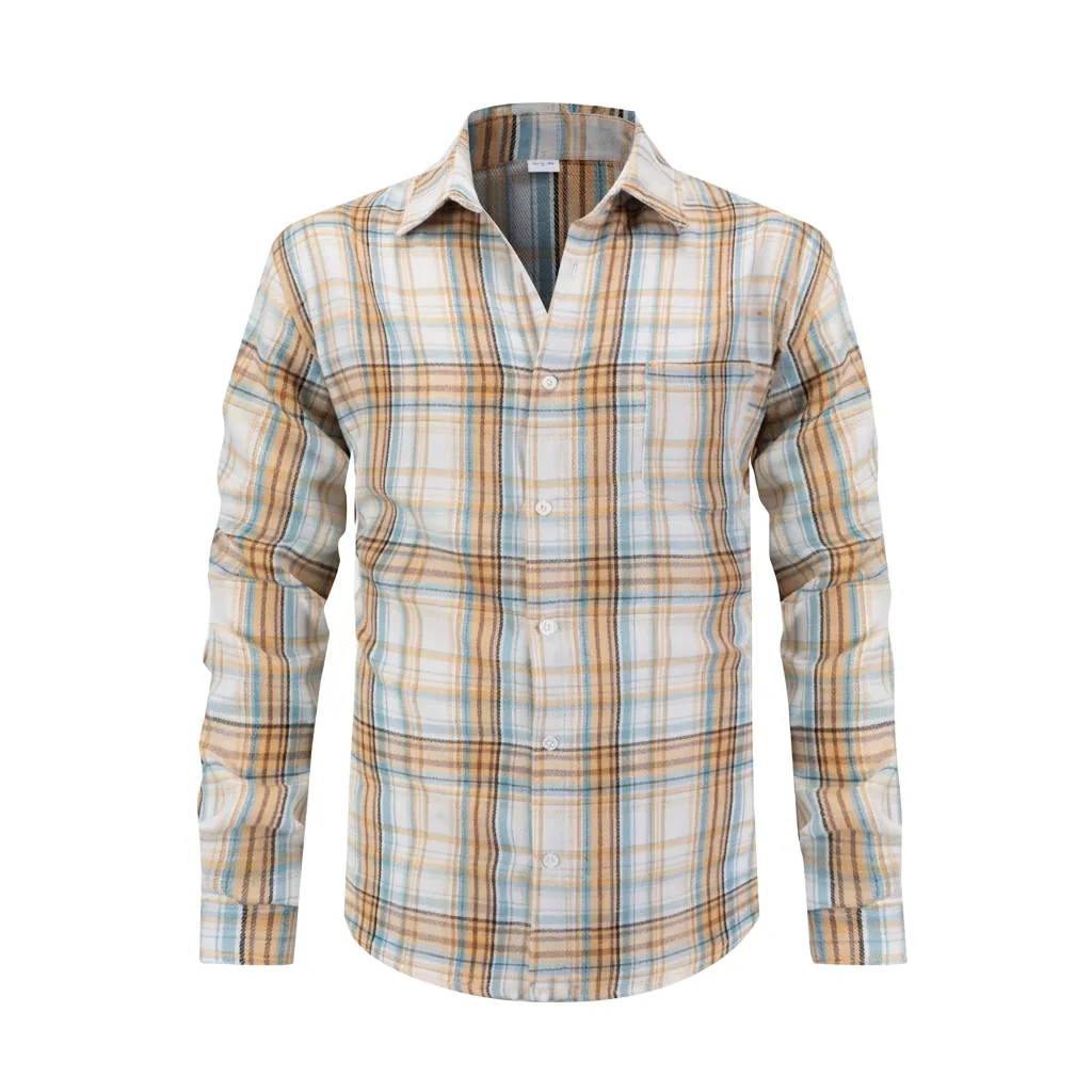 Men Casual Plaid Shirt Long Sleeve Lapel Button Down Top With Chest Pocket For Outdoor Everyday Standard Fit Men Clothes